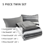 KAKIJUMN 5 Piece Bed in a Bag Stripe Comforter Set Twin Size, White Grey Black Patchwork Striped Comforter and Sheet Set, All Season Soft Microfiber Complete Bedding Sets(Grey,Twin) KAKIJUMN