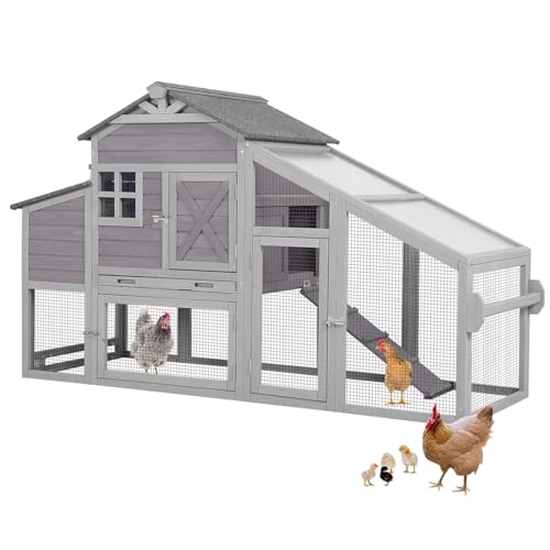 Chicken Coop 65in Mobile Hen House Outdoor Wooden Poultry Cage with Wheels, Nesting Box, Leakproof Pull-on Tray and UV-Resistant Roof Panel - WoodArtSupply