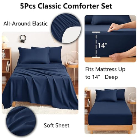 CozyLux Twin Comforter Set with Sheets Navy Blue - 5 Pieces Bed in a Bag Twin, All Season Bed Set for Girls and Boys, Bedding Set with Down Alternative Comforter, Sheets, Pillowcase & Sham CozyLux