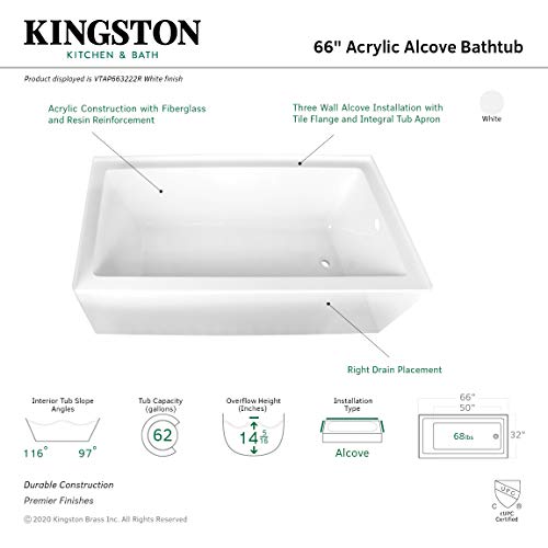 Aqua Eden VTAP663222R 66-Inch Acrylic 3-Wall Alcove Tub with Right Hand Drain, White Kingston Brass