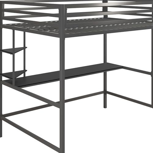 Novogratz Maxwell Grey/Black Metal Full Loft Bed with Integrated Desk & Shelves - WoodArtSupply