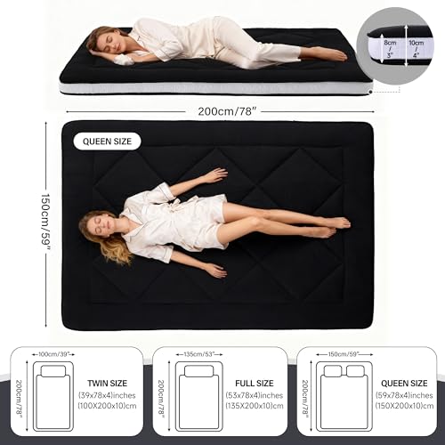 Welnow Japanese Futon Floor Mattress, Thick Full Size Tatami Mat Portable & Foldable Roll Up Floor Bed Mattress with Storage Bag, Sleeping Pad for Adults, Dorm, Guest Bed, Camping and Travel, Black Welnow