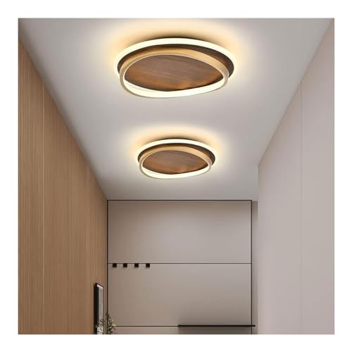 Farmhouse LED Ceiling Light Fixture - Wood Grain Finish Semi Flush Mount Round Mid Century Modern Ceiling Light with Gold Ring Antique Vintage Lighting Fixture for Living Room Bedroom Kitchen - WoodArtSupply