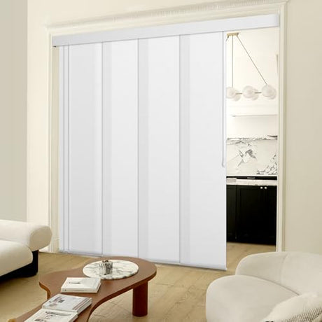 Heefen Adjustable Panel Track Blinds Light Filteringt Vertical Blinds with Valance, Sliding Glass Door Blinds, Room Dividers, Retractable Track from 74" to 133" W, Trimmable Panel Up to 102" H (White) Heefen