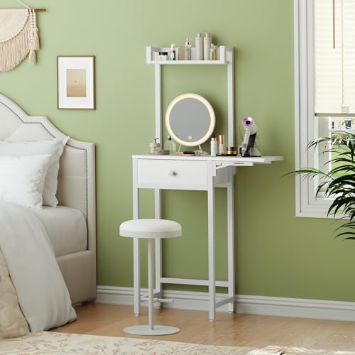 YATINEY Small Vanity Desk Without Mirror, Makeup Vanity Table for Small Space, Compact White Dressing Table with Fold-up Panel and Fabric Drawer, for Bedroom, Easy Assembly, White YATINEY