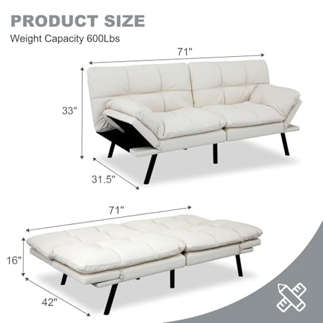 MUUEGM Futon Sofa Bed Convertible Couch,Memory Foam Futon Sofa Couch,Sleeper Futons Sofa Couches,Small Splitback Modern Loveseat Sofa Bed for Living Room,Office,Apartment,Faux Leather,White. MUUEGM