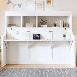 Fiorune Twin Size Horizontal Murphy Bed, Foldable Murphy Bed Cabinet with Desk and Storage Shelves, Space-Saving Hidden Wall Bed Frame for Small Spaces, Living Room, White Fiorune