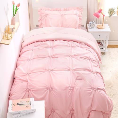 Wowelife Twin Comforter Set for Girls, Boho Pintuck Bedding Comforter Sets, 4 Pieces Ruffles Jacquard Embroidery Twin Bedding Sets with Comforter, Fitted Sheet, Flat Sheet and Pillowcase, Pink Wowelife