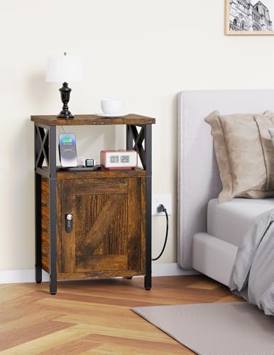 runjuly Wooden Nightstand with Lock, Bed Side Table with Drawers, Bedside Table with Charging Station, 3 USB & 2 Outlets, Night Stand with Storage, End Tables for Living Room, Bedroom, Dorm, Brown runjuly
