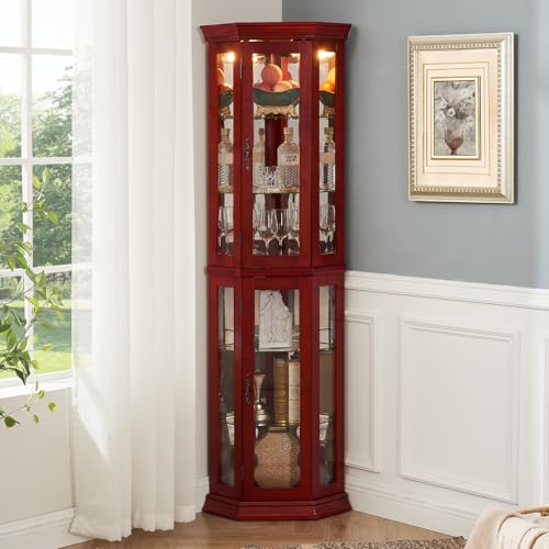 BAOMKONG Tall Corner Cabinet with Glass Doors, Lighted Glass Display Curio Cabinet with Adjustable Shelves, Home Office Floor Standing Display Cabinet for Bar, Liquor Storage and Medal, Cherry BAOMKONG