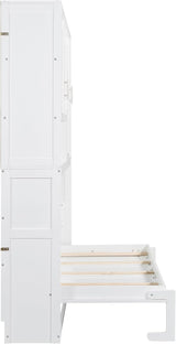 Twin Horizontal Murphy Bed with Storage Cabinet, LED Light and Charging Station,Wood Folding Murphy Wall Bed Cabinet with Bookcase and Shelves for Adult (White) MERITLINE