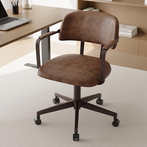 BFZ Mid Century Retro Home Office Desk Chair with Back, Faux Leather Adjustable Height Rolling Swivel Computer Task Armrests Chair for Home Office, Brown BFZ