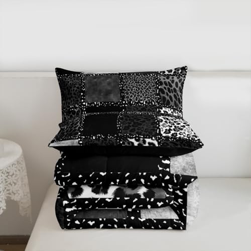 Erosebridal Grey Leopard Print Full Size Comforter Sets for Kids Boys Girls,Animal Skin Texture Bedding Set,Patchwork Geometric Duvet Insert,Farmhouse Quilt Bedroom Decor Erosebridal