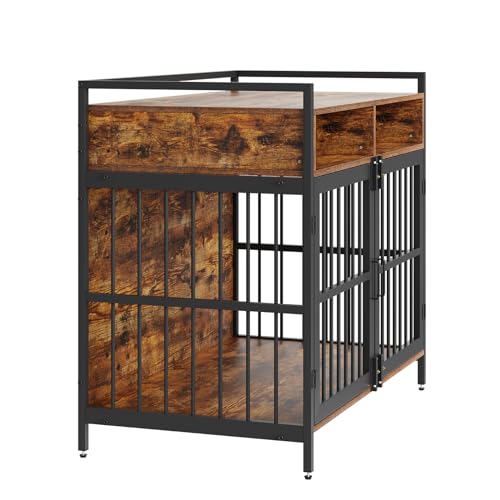 VEVOR Furniture Style Dog Crate with Storage, 41 inch Dog Crate Furniture Large Breed with Double Doors, Wooden Dog Cage for Large/Medium Dog Indoor, Hold up to 70 lbs, Rustic Brown - WoodArtSupply