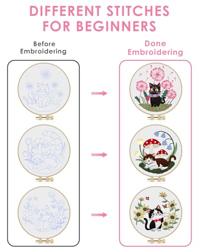 TINDTOP Embroidery Kit for Adults, Cat Embroidery Practice Kit for Beginners Include Embroidery Cloth Hoops Threads for Craft Lover Hand Stitch with Embroidery Skill Techniques TINDTOP