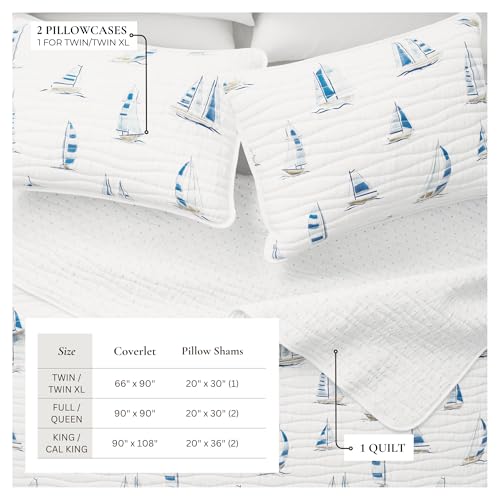 Great Bay Home Coastal Quilt Set - 2-Piece Twin/Twin XL Size Nautical Bedding Set - Lightweight, All-Season, Reversible Bedspread (Blue Watercolor Sailboats) Great Bay Home