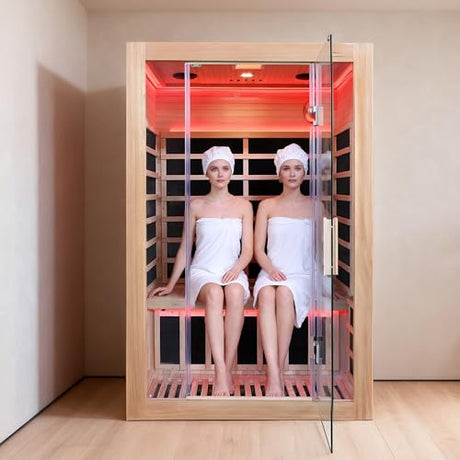 Iwoodhome Canadian Hemlock 2 Person Infrared Sauna with Red Light Therapy, Bluetooth, 1760W 120V Low EMF with Control Pane Home Indoor Dry Sauna Room for Gym & Spa 2Person 47.2" W x 39.4" D x 72" H IWOODHOME