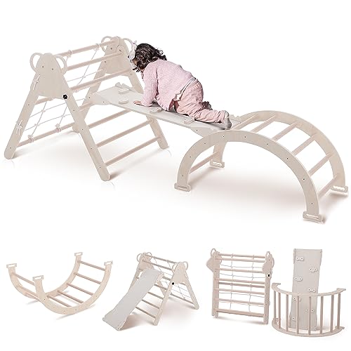 RMHDSLF Foldable Triangle Ladder, Toddler Indoor Gym Playset,Pikler Climber with Ramp Sliding or Climbing, Sturdy Wooden Montessori Climbing Set for Toddlers 2-6. RMHDSLF