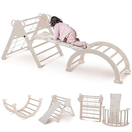 RMHDSLF Foldable Triangle Ladder, Toddler Indoor Gym Playset,Pikler Climber with Ramp Sliding or Climbing, Sturdy Wooden Montessori Climbing Set for Toddlers 2-6. RMHDSLF