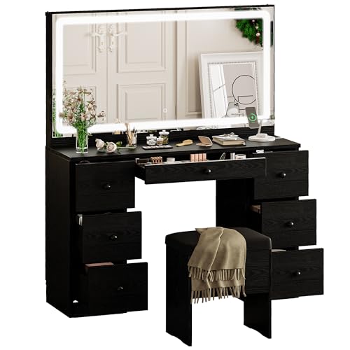 IRONCK Vanity Makeup Desk Set with LED Lighted Mirror & Power Outlet, 7 Drawers Bedroom Vanities Table with Stool,Black IRONCK