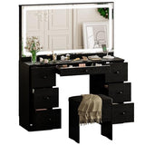 IRONCK Vanity Makeup Desk Set with LED Lighted Mirror & Power Outlet, 7 Drawers Bedroom Vanities Table with Stool,Black IRONCK