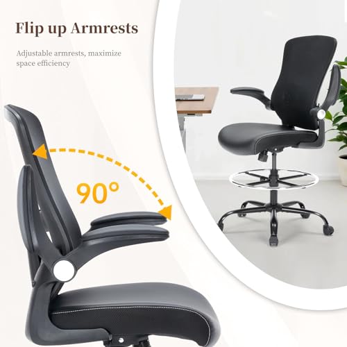 Drafting Chair, Tall Office Chair with PU Leather Seat, Ergonomic Standing Desk Chair with Lumbar Support Counter Height Office Chair with Adjustable Footrest Ring Flip-up Armrests Bondesin