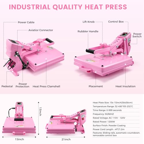 Whubefy Upgraded Heat Press 15x15 Slide Out, Industrial-Quality Digital Sublimation Heat Transfer Machine w/5 DTF Transfer Sheets, Clamshell Heat Press Machine for T-Shirts, Bags, Mouse Pads & More Whubefy