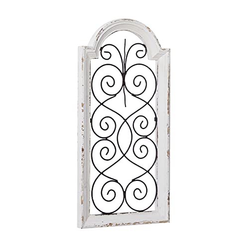 Deco 79 Wood Scroll Home Wall Decor Arched Window Inspired Wall Sculpture with Metal Scrollwork Relief, Wall Art 10" x 1" x 20", White