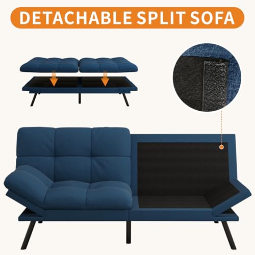 MUUEGM 71-Inch Convertible Futon Sofa Bed with Adjustable Backrest & Removable Armrests, Foldable Sleeper Loveseat for Small Space Living Room, Studio Apartment, Home Office，Blue MUUEGM