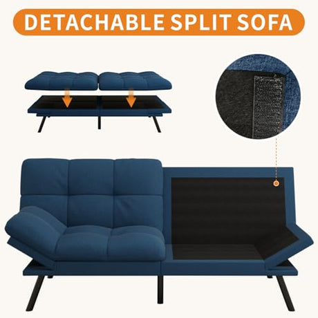 MUUEGM 71-Inch Convertible Futon Sofa Bed with Adjustable Backrest & Removable Armrests, Foldable Sleeper Loveseat for Small Space Living Room, Studio Apartment, Home Office，Blue MUUEGM
