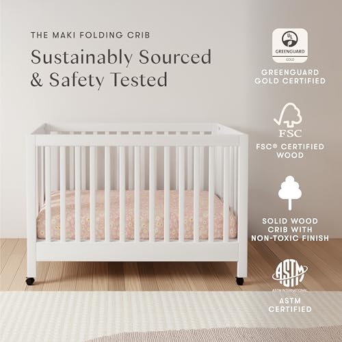 Babyletto Maki 2-in-1 Baby Crib Convertible to Toddler Bed - GREENGUARD Gold Certified Portable Folding Wood Crib w/ Toddler Conversion Kit - 4 Adjustable Heights, Easy to Assemble - White