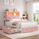 Twin Upholstered LED Bed Frame with 2 Storage Drawers and 2-Tier Storage Bookcase Headboard, Velvet Princess Platform Bed for Kids/Girls/Boys, Heavy Duty Metal Support, No Box Spring Needed, Pink Jocoevol