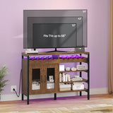 YITAHOME 47" Rustic Brown Wine Bar Cabinet with Power Outlets, LED Lights, and Spacious Storage YITAHOME