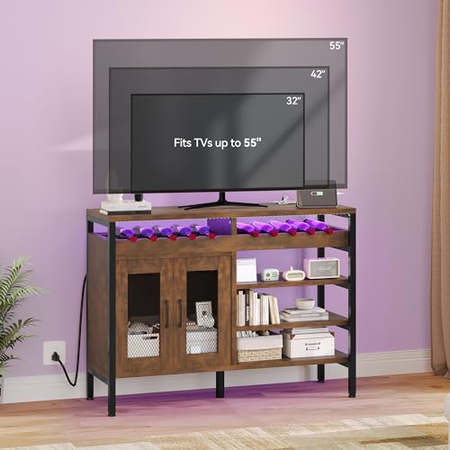 YITAHOME 47" Rustic Brown Wine Bar Cabinet with Power Outlets, LED Lights, and Spacious Storage - WoodArtSupply