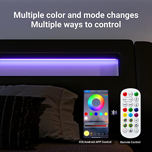 Allewie Queen Size LED Platform Bed Frame with Adjustable Headboard/No Box Spring Need/Easy Assembly/Faux Leather in Black Allewie