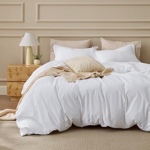 Bedsure 100% Washed Cotton Duvet Cover King - Bright White Minimalist Duvet Cover Linen Like for All Seasons - GentleSoft™ Plain Simple Cotton Bedding, 3 Pieces (Bright White, King, 104"x90") Bedsure