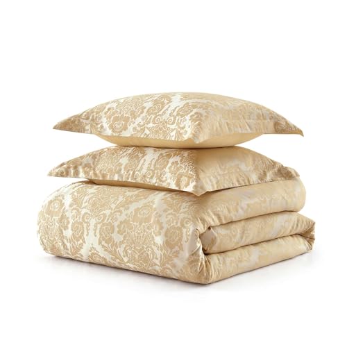 Martha Stewart - Queen Duvet Cover Set, Soft Cotton Blend Jacquard Bedding for Year Round, 3 Piece Bed Set with Matching Pillowcases (Vintage Damask Beige) Martha Stewart