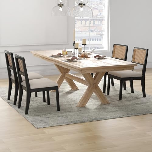 Westice Rattan Dining Chairs Set of 6, Farmhouse Natural Dining Room Chairs with Upholstered Cushion, Wood Armless Chairs for Kitchen/Restaurant, Black Westice