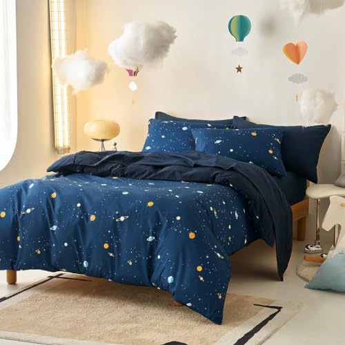 Wake In Cloud - Space Bedding Set for Boys, Star Outer Space Galaxy Patterned Soft Lightweight Comforter Set with Sheets, 5 Pieces Kids Bed in a Bag, Navy Blue, Twin Size Wake In Cloud