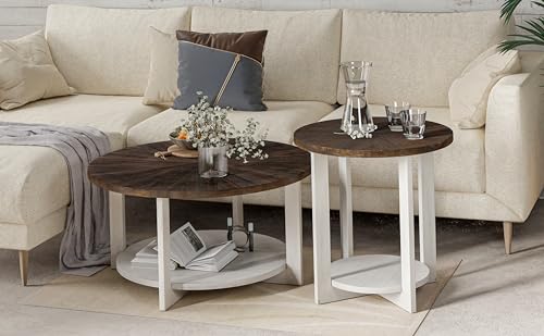 COZAYH Round Wood Coffee Tables with Storage, Rustic Farmhouse Coffee Table with Distressed Wood Top, Large Circle Table for Living Room, Brown, 32Dx32Wx19.5H in - WoodArtSupply