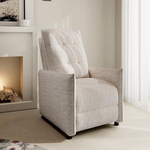 Chenille Fabric Recliner Chair for Adults - Manual Push Back Reclining Sofa with Sturdy Metal Frame, Overstuffed High-Density Foam, Adjustable Footrest for Living Room, Home Theater (Beige)