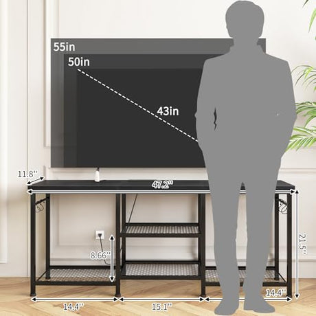 YGEOMER TV Stand for 55 Inch TV, Entertainment Center with Power Outlet and Open Storage Shelves, TV Console Table for Living Room and Bedroom, Black YGEOMER