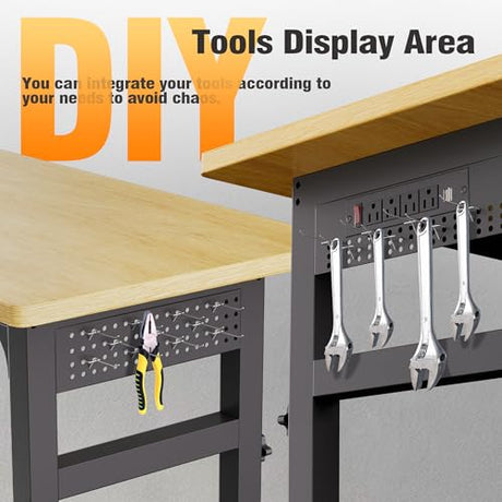 TITIMO 83" Adjustable Workbench, Work Benches for Garage with Pegboard, 3000 LBS Heavy Duty Rubber Wood Tabletop with Power Outlet, Rolling Work Table with Wheels for Workshop, Office (83" x 23.6") TITIMO