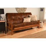 Pemberly Row 75" Traditional Full-Size Faux Leather Futon Mattress with Hinged Innerspring, Foam Construction, in Saddle Brown Finish, Frame Not Included Pemberly Row