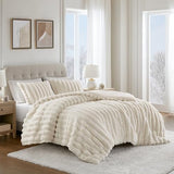 Madison Park Jasmine King Comforter Set, Luxurious Reversible Faux Fur Plush Ribbed Velvet Bedding, Fuzzy Thick Warm Winter Comforter, Super Soft Fluffy 3-Piece Set Ivory Madison Park