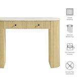 Modway Caldera 42-Inch Curved Solid Wood Fluted Console Table in Natural with Oval Marble Top – Narrow Entryway Table with 2 Drawers Modway