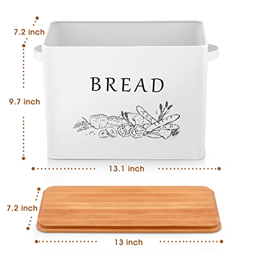 TeamFar Bread Box with Wooden Lid, 13.1” x 7.2” x 9.7” Metal Bread Container Storage Holder for Family Farmhouse Kitchen Countertop, Powder-Coated & Healthy, Large Capacity & Classic Pattern (White)