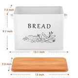 TeamFar Bread Box with Wooden Lid, 13.1” x 7.2” x 9.7” Metal Bread Container Storage Holder for Family Farmhouse Kitchen Countertop, Powder-Coated & Healthy, Large Capacity & Classic Pattern (White) TeamFar