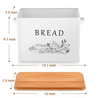 TeamFar Bread Box with Wooden Lid, 13.1” x 7.2” x 9.7” Metal Bread Container Storage Holder for Family Farmhouse Kitchen Countertop, Powder-Coated & Healthy, Large Capacity & Classic Pattern (White)