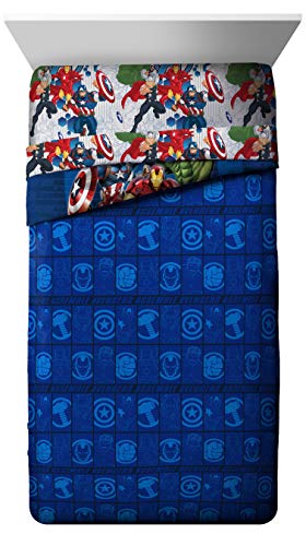 Marvel Avengers Blue Circle 5 Piece Full Bed Set - Includes Reversible Comforter & Sheet Set - Bedding Features Captain America & Iron Man - Fade Resistant Microfiber (Official Marvel Product) Jay Franco